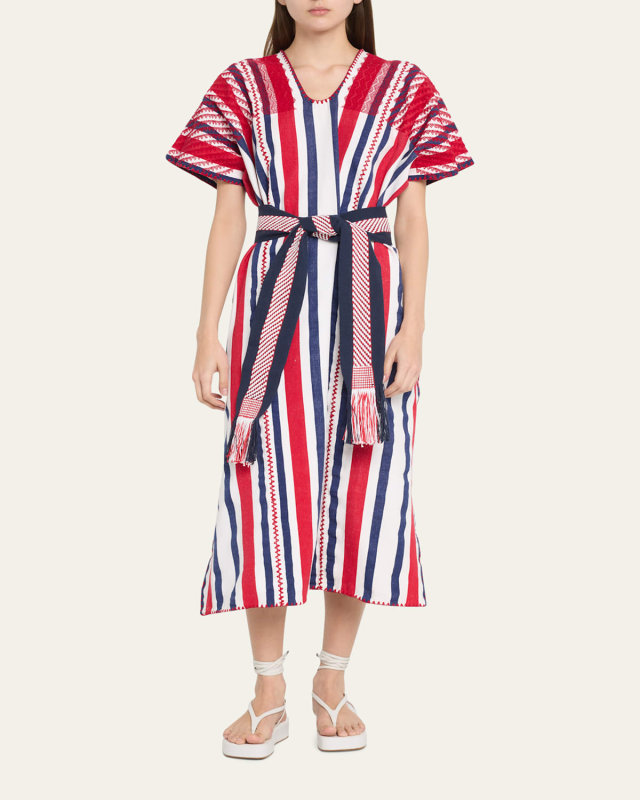 Three-Panel Striped Embroidered Midi Kaftan
